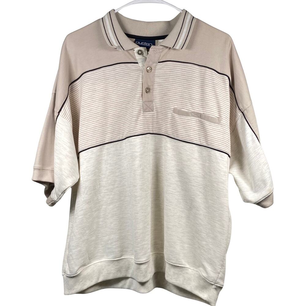 Puritan Banded Hem Color Block Polo Shirt Mens XL Golf 90s Pocket Striped